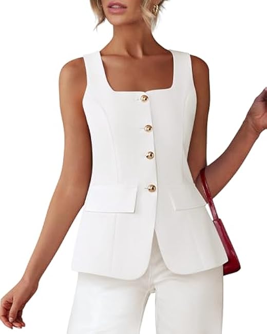 BTFBM Womens Sleeveless Suit Vests Dressy Casual Square Neck Business Work Waistcoat Summer Button Up Blazer Vest Tops
