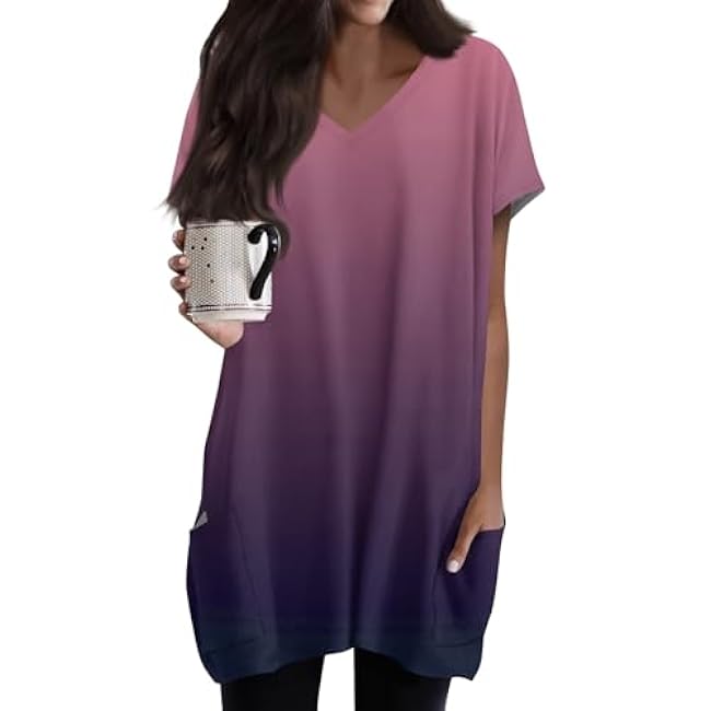 Womens Summer 2025 Casual Short Sleeve V Neck Shirts Loose Fit Oversized Tshirts Tunic Tops With Pockets