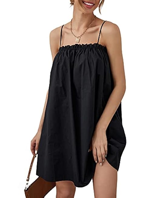 OYOANGLE Women's Spaghetti Straps Sleeveless Loose Ruffle A Line Cami Short Dress with Pocket
