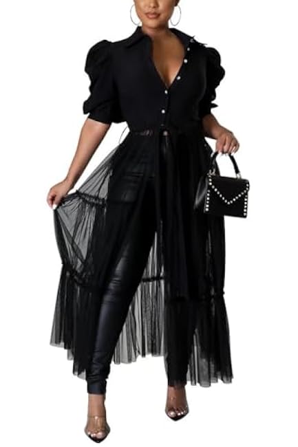 Ekaliy Womenﾡﾯs Casual Mesh See Through Shirts Long Dresses with Belt V Neck Button Down Club Party Outfit