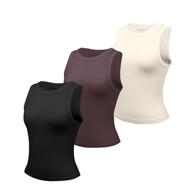 3 Pack Stretch Tank Tops for Women, Ribbed Seamless Crew Neck Womens Workout Crop Top Yoga Gym Shirts