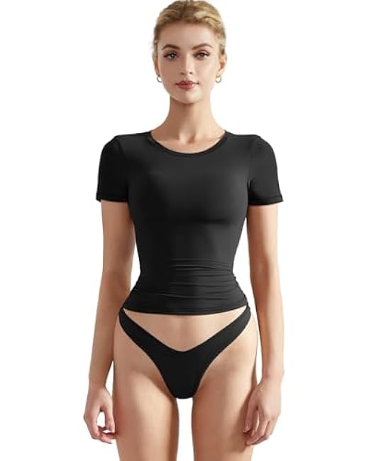 SUUKSESS Women Double Lined Fitted Basic Tee Crew Neck Short Sleeve Y2K Crop Top