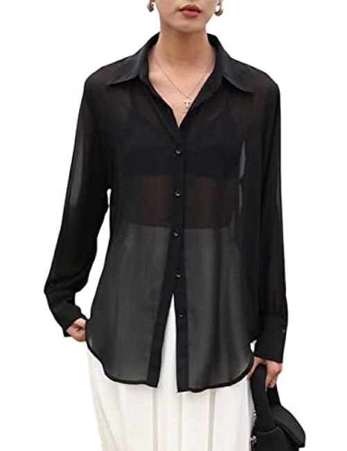 Arssm Women Sheer Button Up Blouse Mesh Long Sleeve Sexy See Through Tops Fashion Trendy Mesh Shirts Tops