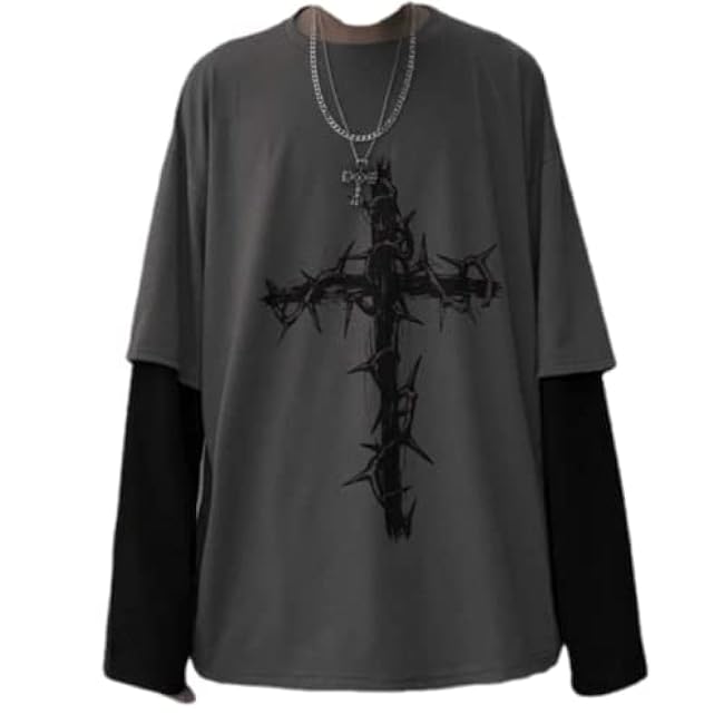 Goth Shirt Gothic Shirt Fake Two-Piece Alternative Clothing Goth Long Sleeve Top Grunge Clothes