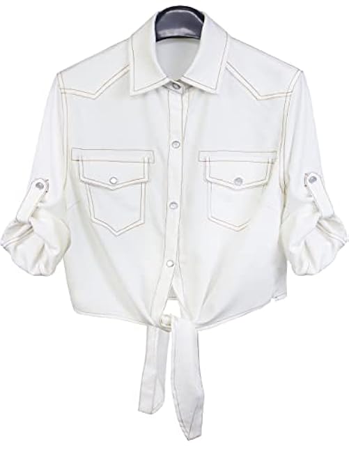 AMEBELLE Women's Roll Up 3/4 Sleeve Tie Front Knot Shirt Chambray Denim Crop Top(0088-White-M)