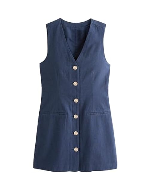Womens Cotton Linen Vest Mini Dress Casual Button Down Sleeveless V Neck Short Tops with Pockets