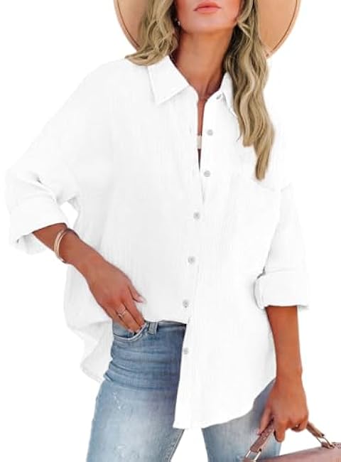 ARTFREE Womens Color Block Long Sleeve Striped Button Down Shirts with Pocket Loose Fit Work Casual Collared Blouse Tops