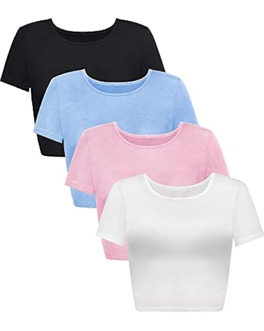 4 Pack Women's Basic Tight Short Sleeve Women Cute Trendy Crop Tops Scoop Neck Crop for Women or Teen Girls