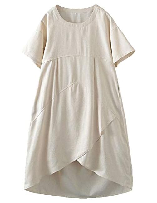 Tebreux Women's Linen Midi Dress Oversized Short Sleeve Sundress Baggy Tunic Dresses with Pockets