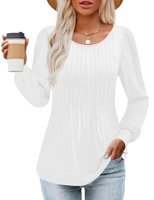 ZESICA Long Sleeve Shirts for Women Fall Tops Crew Neck Pleated Casual Tunic Blouses