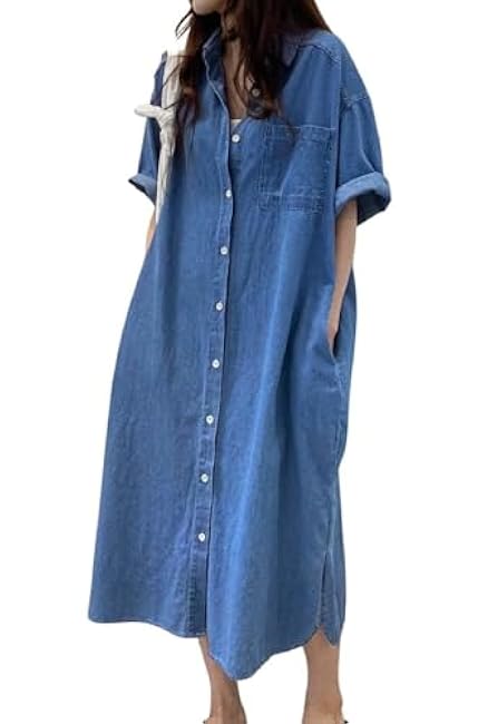 Women's Short Sleeve Denim Button-Down Shirt Dress