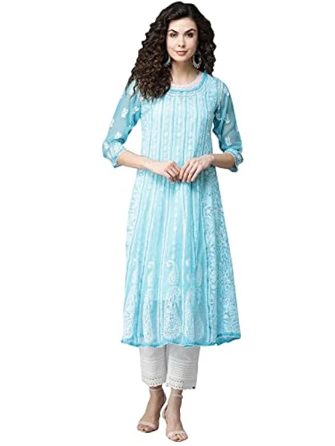 Ada Hand Embroidered Indian Chikankari Traditional Georgette Anarkali Kurta Kurti for Women A411207