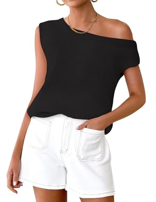 ZESICA Women's Summer Off The Shoulder Knit Tops 2025 Casual Short Sleeve Oversized Shirt