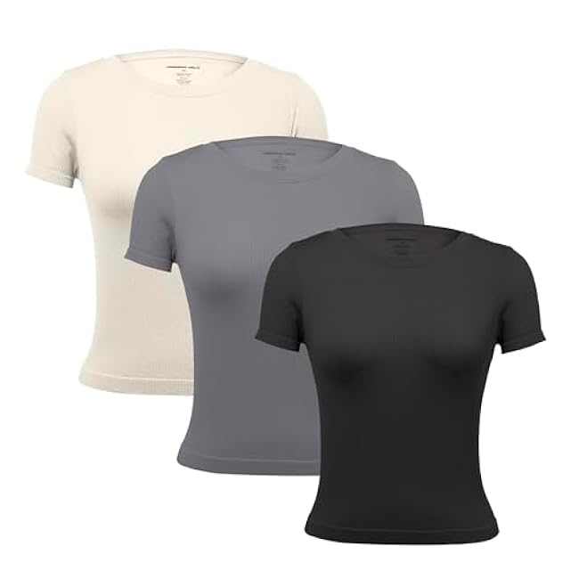 3 Pack Casual Workout Stretch T Shirts for Women, Basic Crewneck Seamless Womens Short Sleeve Yoga Tops