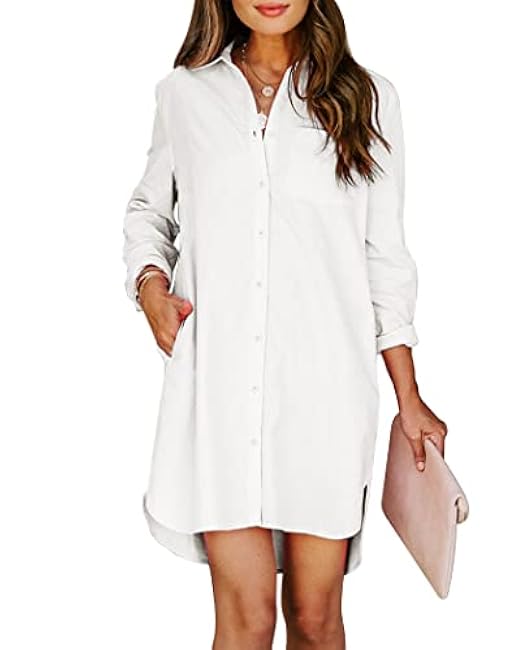 Womens Button Down Shirt Dresses with Pockets Cotton Button Up Tunics Long Sleeve Solid High Low Blouse Tops