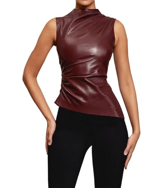 Women's Sexy PU Leather Sleeveless Tank Tops Pleated Slim Fit Mock Neck Asymmetrical Ruched Blouse T Shirt with Zipper