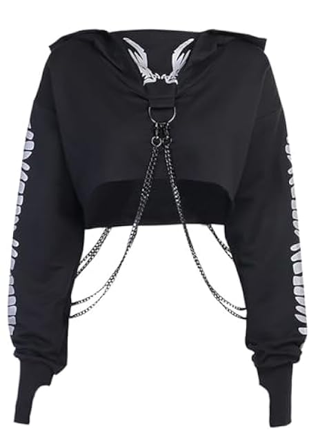 TSMNZMU Womens Gothic Cropped Hoodie Long Sleeve Punk Grunge Skull Print Sweatshirt Emo Alt Mall Goth Tops with Iron Chain