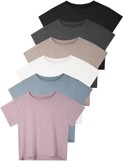 6 Pack Women's Crop Top Short Sleeve Athletic Workout Yoga Running Gym Casual Tees T-Shirts Loose Fit