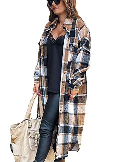 Omoone Women's Flannel Plaid Shacket Fall Oversized Long Button Down Shirt Jacket Shackets