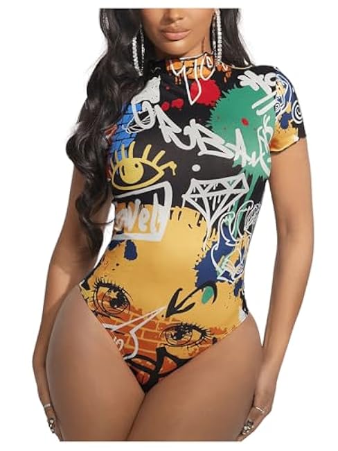 GORGLITTER Women's Long Sleeve Mock Neck Body Suits Graphic Letter One Piece Bodysuit Colorful Leotard Tops