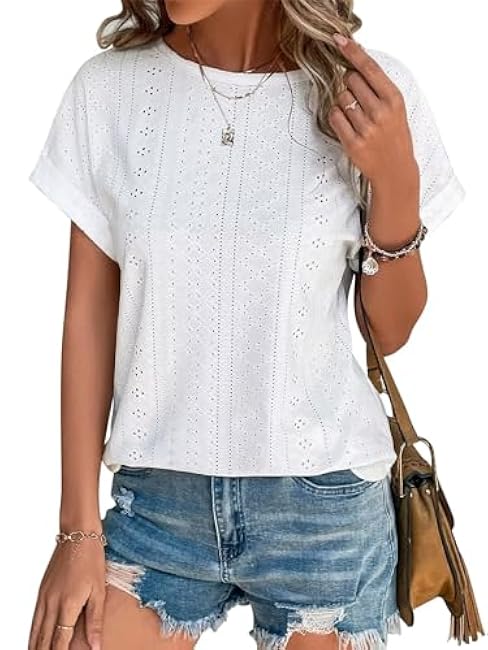 Bliwov Womens Tops Eyelet Embroidery Summer Spring Curved Hem 2025 Casual Short Sleeve Trendy T Shirts Beach Vacation Clothes