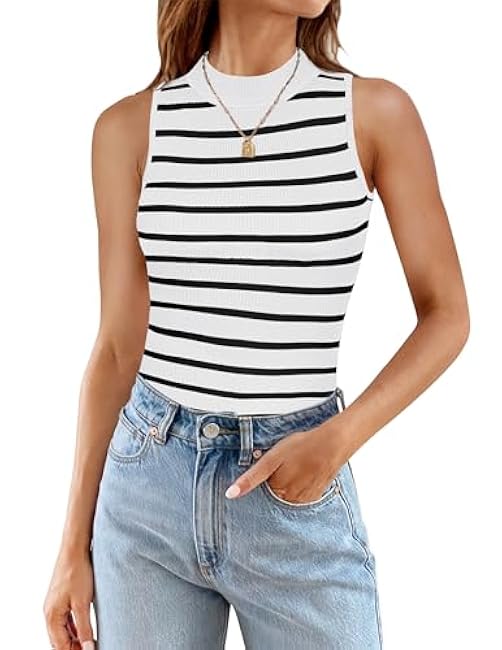 ZESICA Womens Ribbed Tank Tops High Neck Slim Fitted Striped Basic Casual Summer Sleeveless Shirts