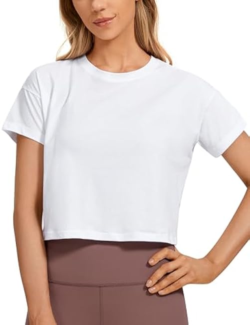 CRZ YOGA Women's Pima Cotton Workout Short Sleeve Shirts Loose Athletic Crop Tops Gym Casual Cropped T-Shirt