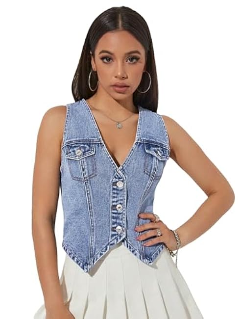 Verdusa Women's V Neck Asymmetrical Hem Sleeveless Button Front Denim Vest Top