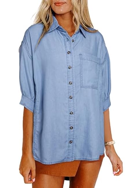 Astylish Women 2025 Denim Shirt Summer Oversized Short Sleeve V Neck Button Down Chambray Blouse Top with Pocket