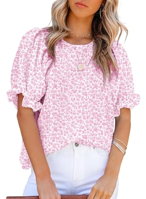Dokotoo Floral Print Blouses for Women Crewneck Smocked Puff Sleeve Shirts Casual Babydoll Tops