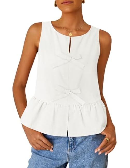 ZESICA Women's Summer Sleeveless Tank Tops Crewneck Tie Front Loose Flowy Ruffle Peplum Babydoll Blouses