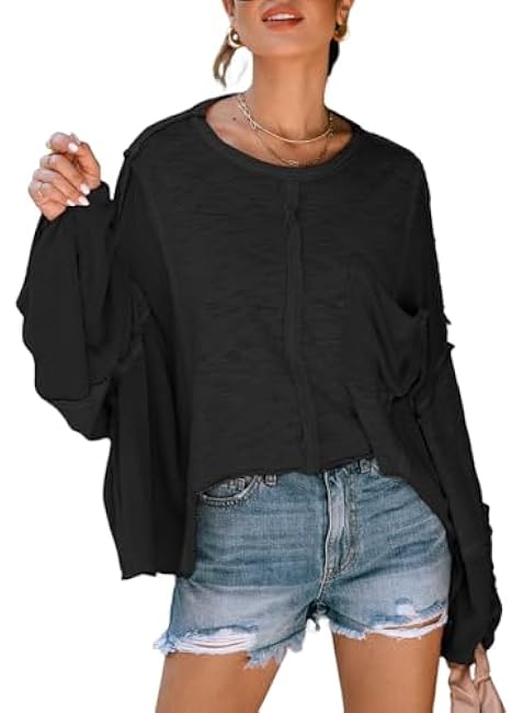 LEMAFER Women's Exposed Seam Chest Pocket Loose Sleeve Oversized Tunic Top Casual Solid Patchwork Long Sleeve Blouse