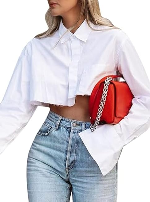 Remidoo Women's Asymmetrical Hem Long Sleeve Button Up Shirt Crop Top Blouse