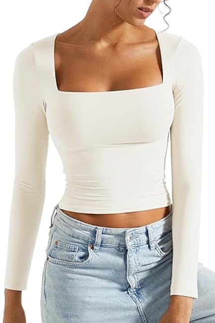SUUKSESS Women Square Neck Long Sleeve Tops Double Lined Going Out T Shirts