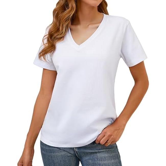 100% Cotton V Neck Short Sleeve T Shirts for Women, Plain T-ShirtﾣﾬBasic Tees