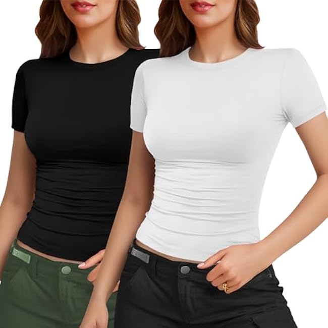 YOGINGO 2 Pack Womens Basic Short Sleeve Crew Neck T Shirt Slim Fit Tee 2025 Summer Y2k Going Out Crop Tops Tight Shirts