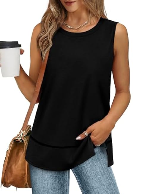 XIEERDUO Womens Summer Tank Tops Sleeveless Round Neck Casual Side Hem Tops Loose Fit