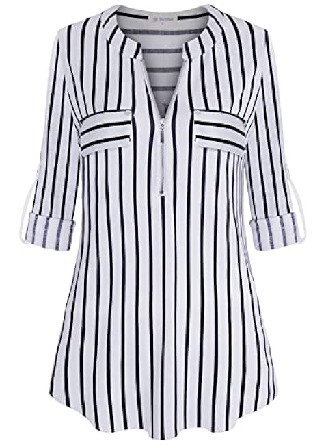 Bulotus Women's Zip Front V-Neck 3/4 Sleeve Tunic Casual Top