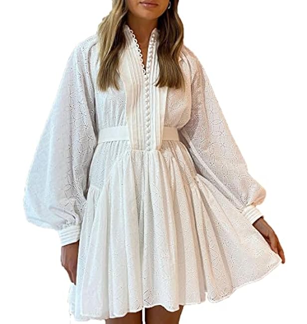 Aofur Summer Cotton V Neck Long Losse Sleeve Casual Party A-Line Dresses Embroidery Short Dress