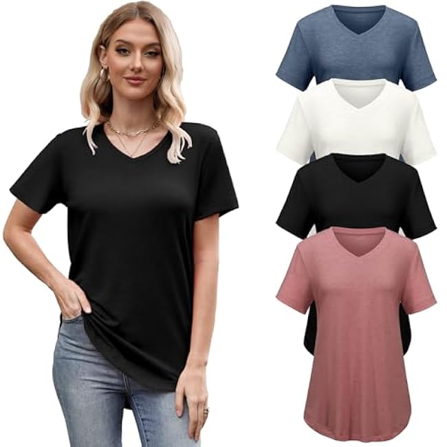 4 Pack Womens Short Sleeve V Neck T Shirts Basic Tee Casual Loose Fit Tops Flowy Curved Hem Outfits Clothes