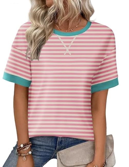 Zeagoo Womens Summer Tops Oversized Crewneck Short Sleeve T Shirts Casual Loose Fit Blouse Y2K 2025 Striped Basic Tee