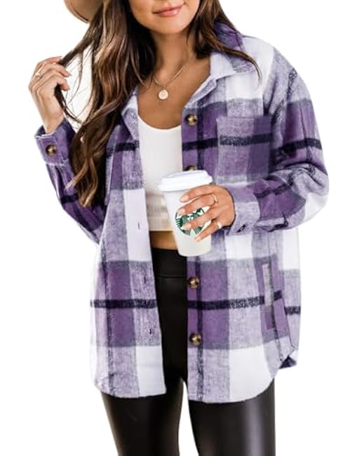 Beaully Women's 2024 Fall Clothes Plaid Shacket Jacket Long Sleeve Button Down Flannel Shirts Fashion Jacket