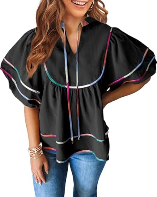 RANTART Womens Summer Babydoll Blouse Flowy V Neck Short Sleeve Top Loose Pleated Beach Shirt