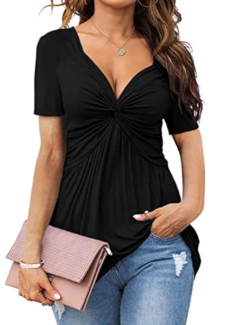 Tankaneo Womens Front Knotted V-Neck Blouse T Shirt Short Sleeve Oversized Tunic Tops Summer Solid Pullover Tees