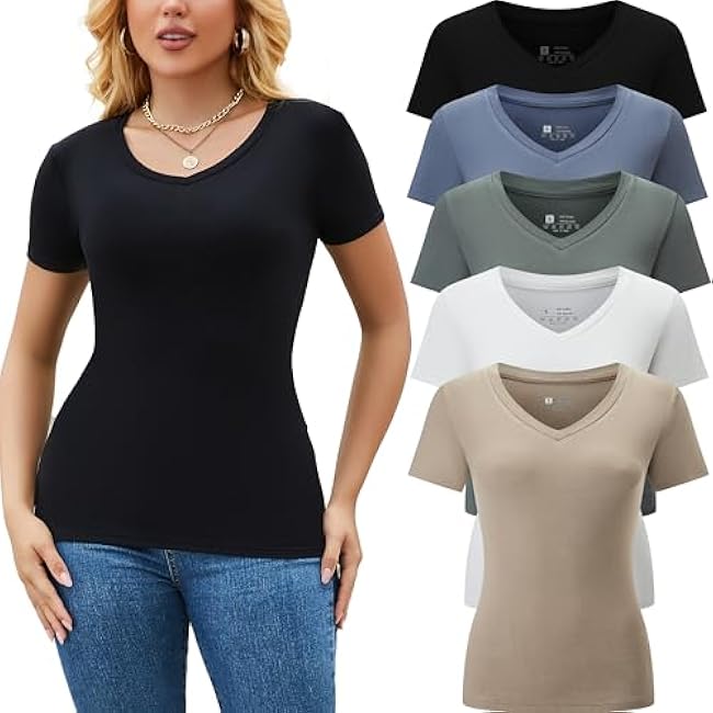 5 Pack Womens T Shirts Short Sleeve Basic Tees V Neck Fashion Tops Slim Fit Casual Summer Outfits Clothes 2025