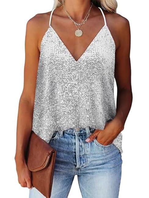 ANRABESS Women Sequin Tank Tops Sparkle Glitter Shirts Summer Sleeveless V Neck Shimmer Sexy Party Cami Going Out Outfits