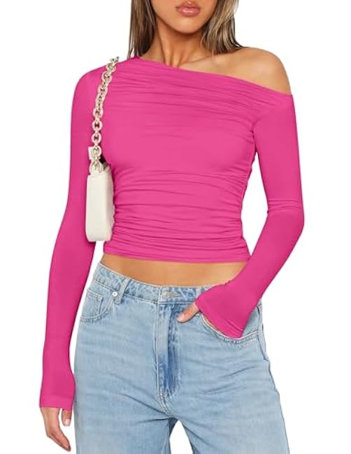 Zeagoo Womens Long Sleeve Off The Shoulder Casual Crop Tops Boat Neck Going Out Slim Fit Y2K T Shirts 2025