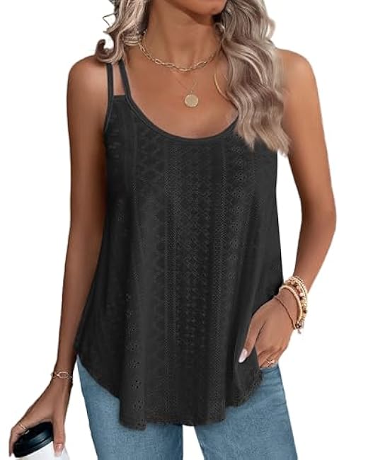 XIEERDUO Womens Tank Tops Spaghetti Strap Camisoles Eyelet Embroidery Scoop Neck Tops