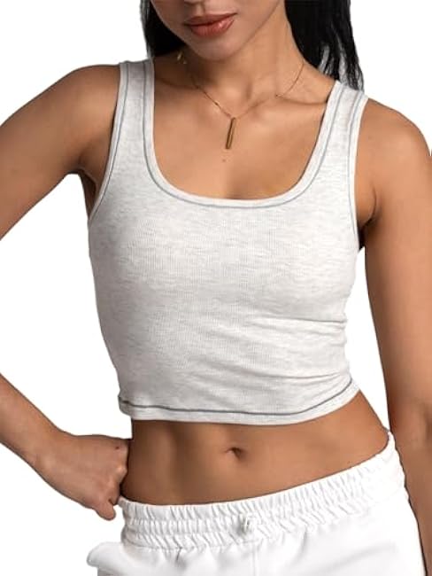 Danysu Women Rib Tank Top Padded Workout Top Square Neck Crop Tank Fitted Basic Cami Tops