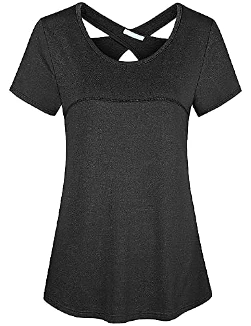 Kimmery Woman Short Sleeve Round Neck Criss Cross Back Yoga Shirt